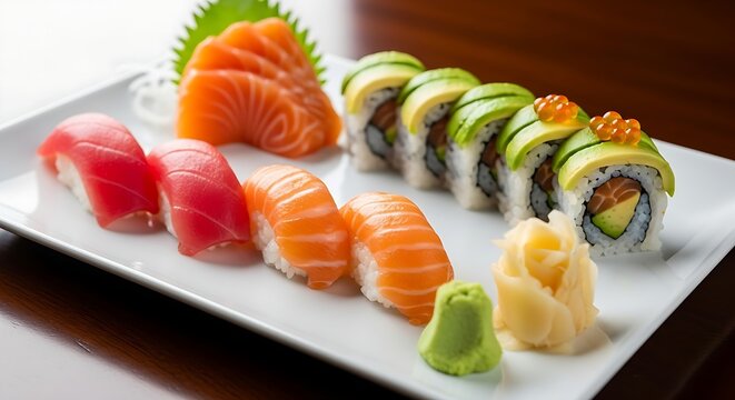 Vibrant sushi rolls with salmon and avocado arranged neatly on a clean plate for premium Japanese cuisine presentation.