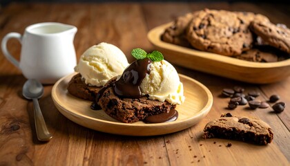 Warm, soft chocolate cookies with scoops of vanilla ice cream drizzled with chocolate sauce, mint garnish, on wooden surface