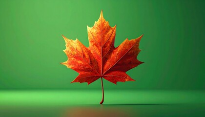 A detailed shot of a vibrant orange and red maple leaf against a soft green backdrop, studio-lit with gentle shadows