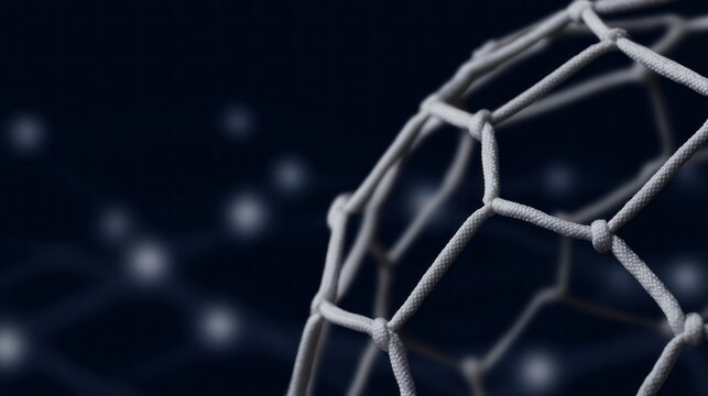 A striking geometric background in blue showcases a textured sports net, evoking a sense of movement and energy. Soft illuminated dots create a dynamic atmosphere