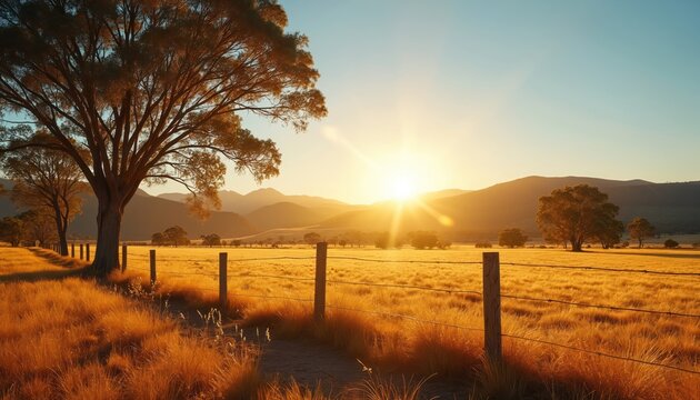 Golden sun sets over Australian outback farmland with dry grass field and distant hills. Large tree stands near fence. Vast landscape evokes peace. - Powered by Adobe