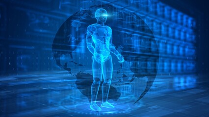 Futuristic Holographic Android in Digitized Technological Matrix Environment