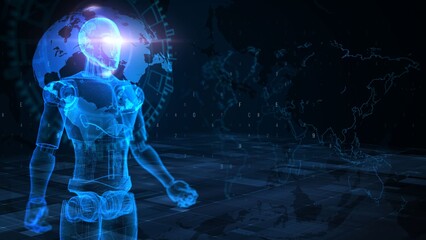 Futuristic Holographic Robot with Digital World Map in Background