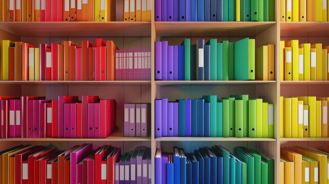 A colorful array of folders arranged neatly on wooden shelves. The folders are in various colors, including red, green, blue, and yellow, creating a vibrant display.