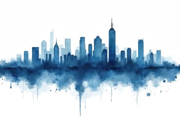 Abstract blue watercolor city skyline illustration features modern downtown buildings. Urban landscape with skyscrapers reflects business, tech, travel themes. Artistic artwork great for creative