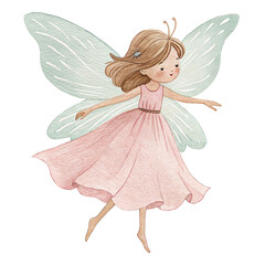 Watercolor Fairy Clipart PNG – Pink Dress Flying Fairy Illustration