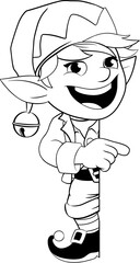 Christmas elf Santa Claus helper cartoon character peeking around a sign illustration