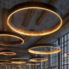 Dramatic Circular Halo Lighting Fixtures Against Rustic Ceiling and Industrial Windows.