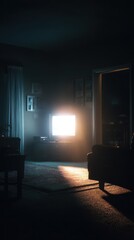 Dramatic Golden Light Source Illuminates Dark Room Interior, Casting Warm Glow and Long Shadows.