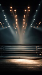 Dramatic Empty Boxing Ring Lit by Spotlights, Dark Atmosphere, Stage Concept.