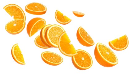 Orange slices scattered against a bright white background, showcasing vibrant color and juicy texture