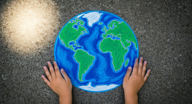 Child s hands holding a colorful chalk drawing of the earth on pavement, representing environmental awareness and protection.