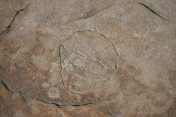 Ancient Petroglyph Rock Carving With Geometric Patterns On Weathered Sandstone Surface At Black Rocks, Cromford, Derbyshire, Uk