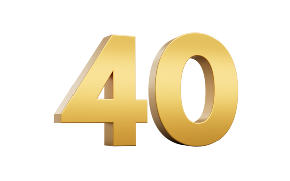 3D Golden number 40 Forty with a shiny metallic finish and sharp edges, 3d illustration