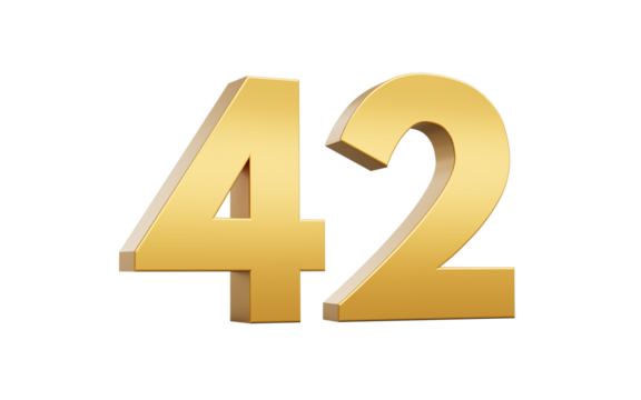 3D Golden number 42 Forty two with a shiny metallic finish and sharp edges, 3d illustration