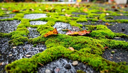 Mossy paving. Ground level view of bright green moss growing in the crevices of paving stones