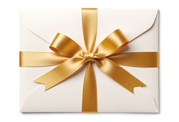 Fototapeta premium Blank gift card or invitation envelope with a golden satin ribbon bow