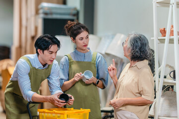 Mother and Family Business Owner Teaching About Material Production and Recycling
