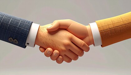 Animated handshake; close-up of two hands clasping in agreement, blue suit sleeve vs. mustard yellow suit