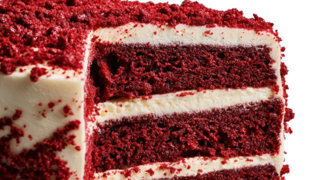 A rich chocolate cake with creamy layers and decorative toppings placed on a vibrant red background isolated on white background