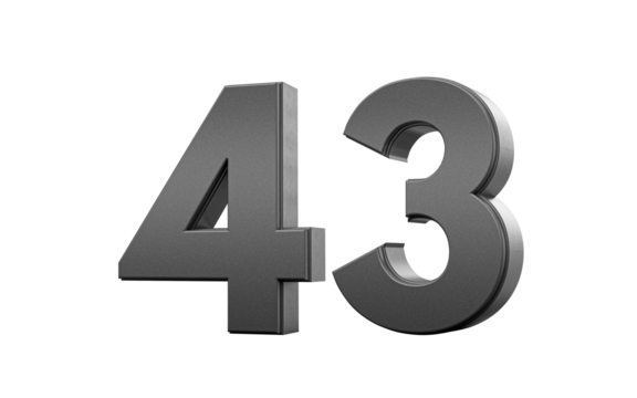 Sleek metallic Black number 43 Forty three with a glossy surface. 3d illustration