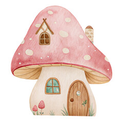 Pink Mushroom House Clipart – Cute Watercolor Cottage PNG