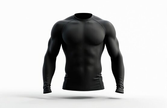 Men black long sleeve compression shirt for sports. Athletic fitness top for gym workout, running. Mockup of thermal base layer rash guard. Activewear for surfing training isolated on white