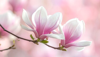 Obraz premium Two elegant magnolia blossoms display pink-white petals against a soft-focus pink backdrop, resting on a slender branch