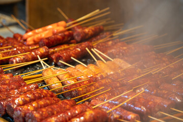 Grilled skewers of meat at a night market