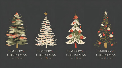 Four stylized Christmas trees with unique decorations and "Merry Christmas" text displayed beneath each, set against a dark background.
