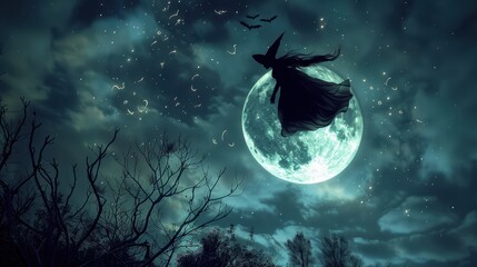 Silhouette of a witch flying on a broomstick in front of a full moon at night with dark trees and bats in the sky.