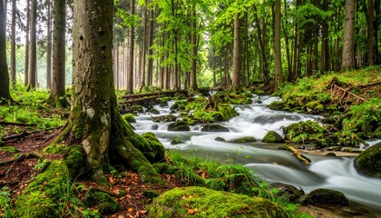 Naklejka premium Stream flowing through a lush green forest, trees lining the banks, rocks covered in moss and blurred moving water