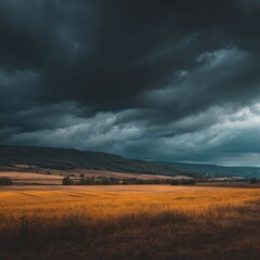 Dramatic Skies Over Golden Field - Moody Landscape with Impending Storm.
