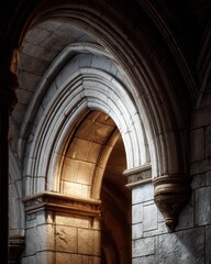 Dramatic Stone Archway Illuminated by Sunlight, Gothic Architecture Detail.