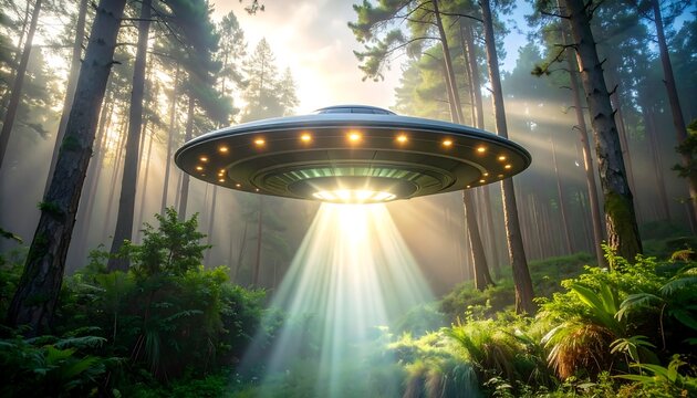 Forest clearing with a UFO shining bright light into the misty, overgrown woods