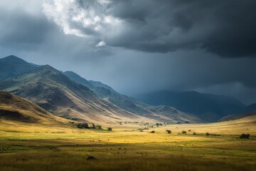 Dramatic Storm Clouds Loom Over Serene Mountain Landscape, Golden Fields.