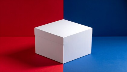 White cube box on split red and blue background with sharp shadows