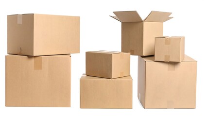 Stacked and arranged cardboard boxes of various sizes on a white background, some closed, one open
