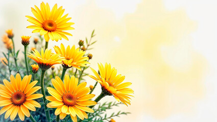 Vibrant yellow daisies with green stems against soft pastel background  