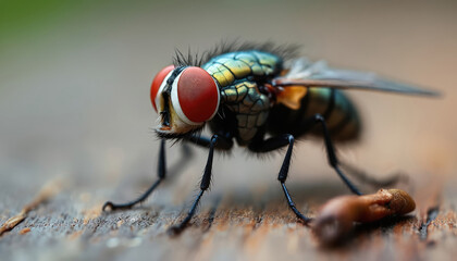 Extreme closeup of large housefly with red eyes and green blue iridescent body. Insect rests on weathered wood surface showing detailed legs and wings. Tiny creature poses still for macro photography.
