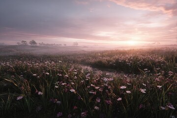 Pink And Purple Flowers Field At Sunset