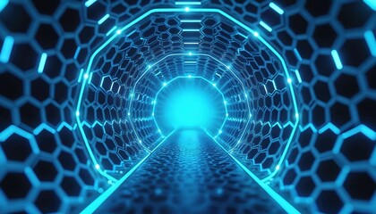 Bright blue neon tunnel features complex hexagonal pattern. Futuristic data pathway provides fast connection to tech innovation. Represents advanced cyber travel, digital journey into unknown future.