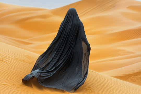 Figure in flowing dark fabric walks across golden sand dunes under a pale sky.