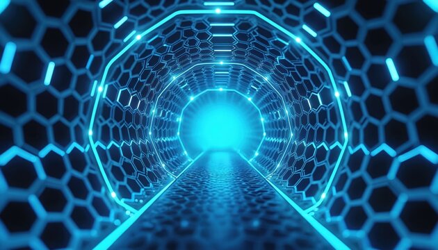 Bright blue neon tunnel features complex hexagonal pattern. Futuristic data pathway provides fast connection to tech innovation. Represents advanced cyber travel, digital journey into unknown future.