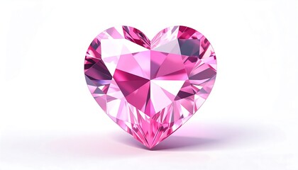 Pink heart gem with facets sits on a white surface, casting a subtle shadow
