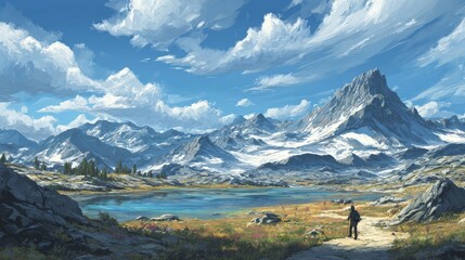 Pixel Art Snowy Mountain Landscape With Hiking Trail