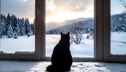 Cat sits at snowy window looking at a snow covered mountainous scene with trees in the background at sunset