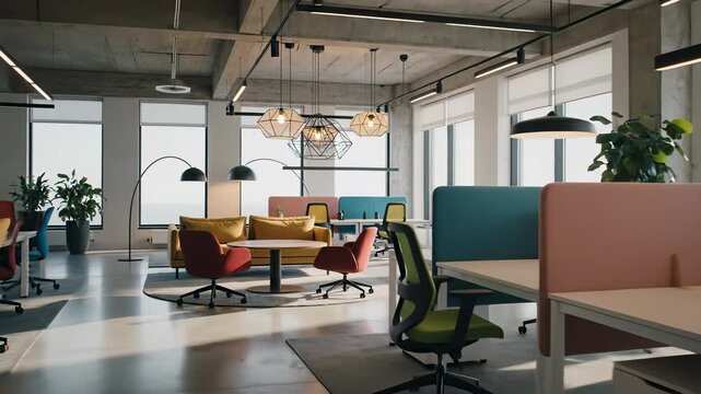 Modern office cubicles with colorful furniture and decor in a large open space, overflowing with energy and productivity, perfectly capturing the concept of innovation, collaboration. - Powered by Adobe