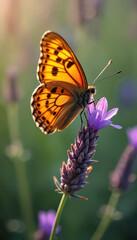 Naklejka premium Orange butterfly with black spots perches on purple lavender flower. Delicate wings glow with warm sunlight from behind. Beautiful insect gathers nectar in tranquil summer garden. Wild nature beauty