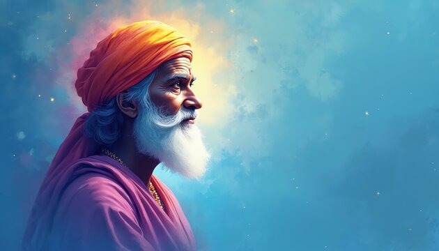 Elderly man with white beard, orange turban gazes right. Wears pink robes. Bright colorful aura surrounds head. Blue sky with soft clouds, stars forms background. Figure radiates wisdom, peace,